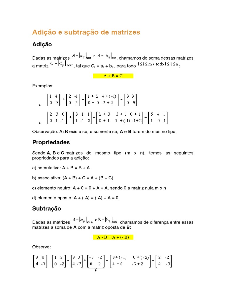 Adição e Subtração de Matrizes | PDF
