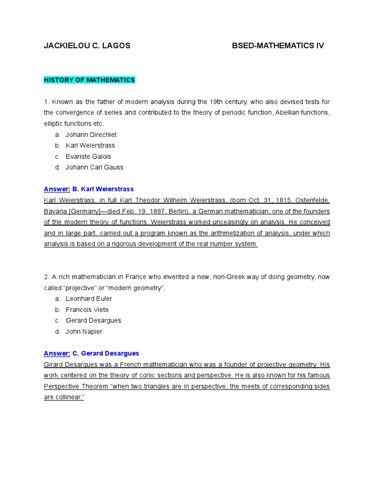 History of Mathematics Quiz Questions | PDF | Axiom | Mathematics