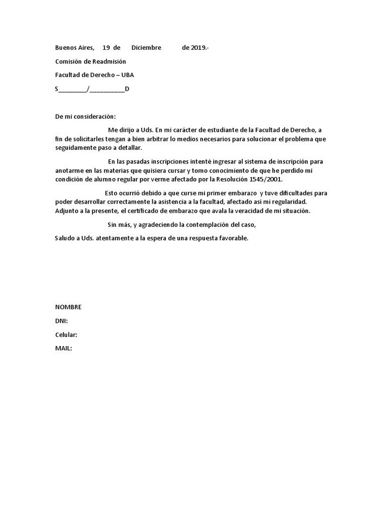 Comisión de readmisión Carta de readmisión PDF
