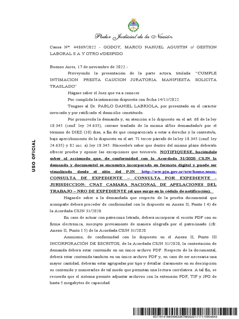 Demanda por despido Se dispone correr traslado a la demandada por 10
