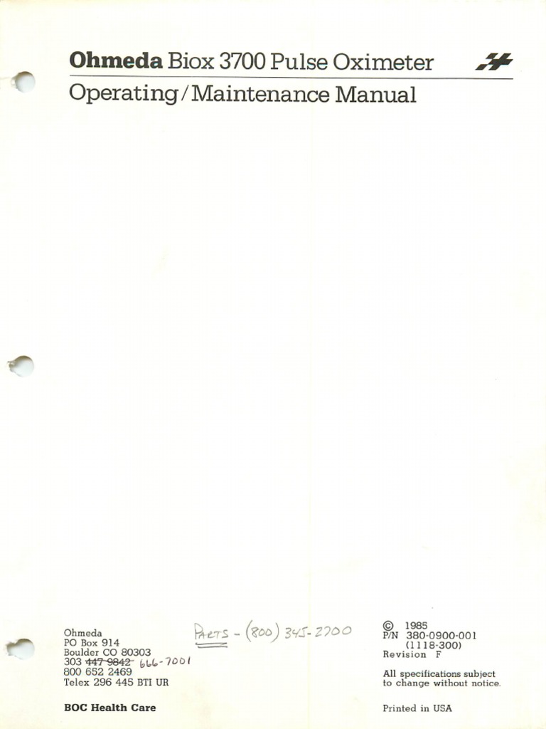 Ohmeda Biox 3700 Pulse Oximeter Service and User Manual 1 PDF