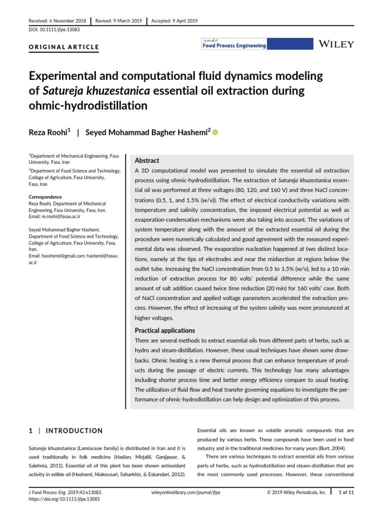 J Food Process Engineering 2019 Roohi Experimental and