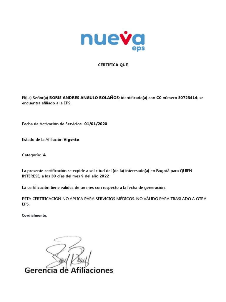 Certificado de Afiliación Nueva EPS | PDF | Negocios | Finanzas y dinero