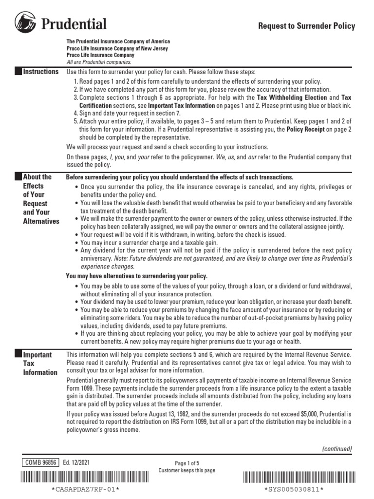 Prudential Life Insurance Surrender Form | PDF | Income Tax In The ...