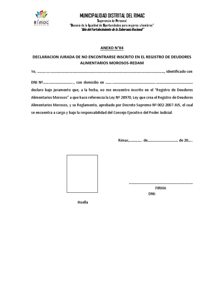 Anexo - 04 Declaracion Jurada de No Encontrarse Inscrito en El Registro ...