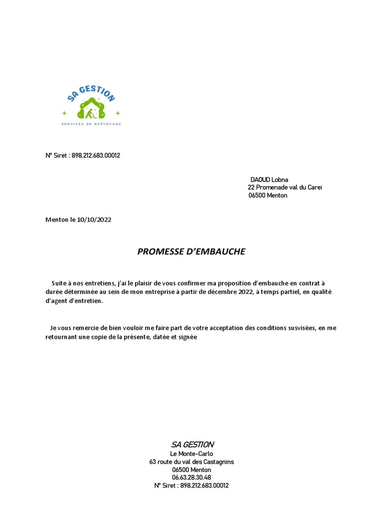 Promesse D'embauche Lobna PDF | PDF
