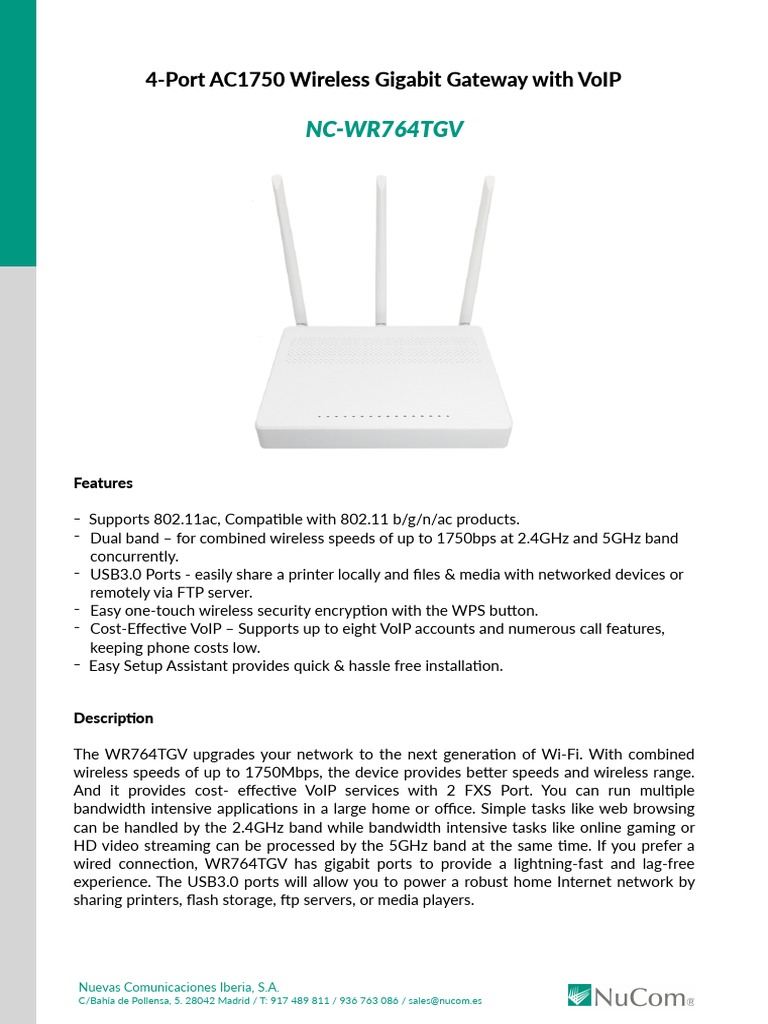Nucom NC-WR764TGV VoIP Gateway | PDF | Wi Fi | Ieee 802.11
