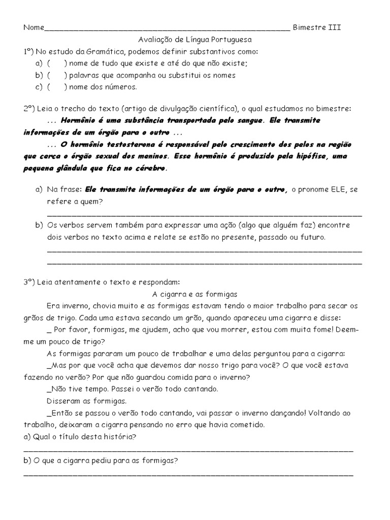 Avaliação de Língua Portuguesa | PDF