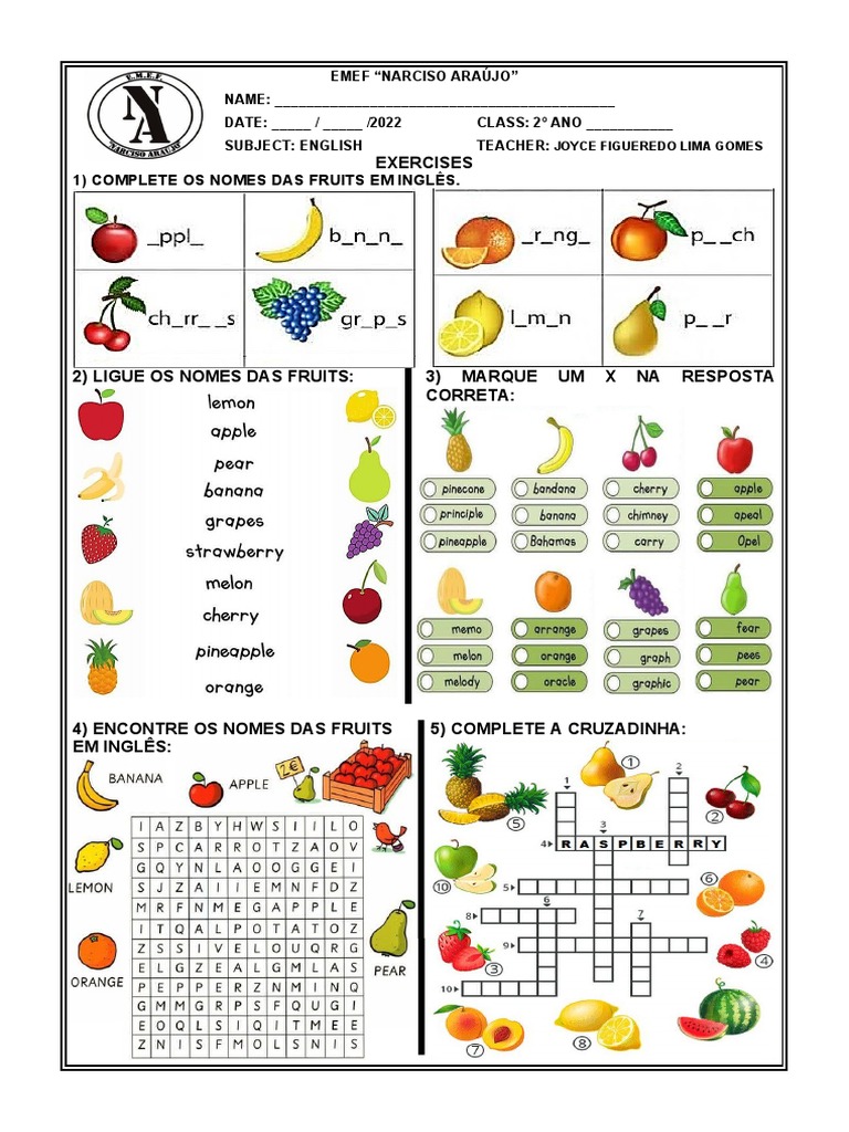 Exercises: 1) Complete Os Nomes Das Fruits em Inglês | PDF | Estudos de  Línguas Estrangeiras, image size:768x1024