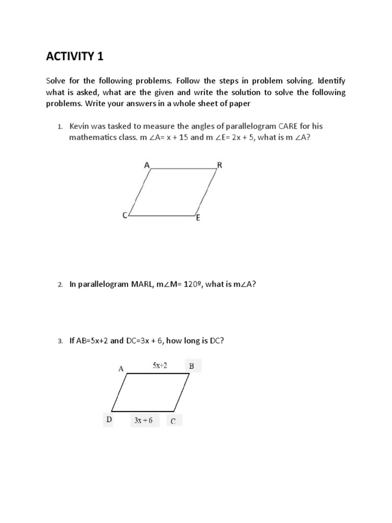 Activity, Quiz, Answer Key in Solving Problem Involving Parallelogram, Trapezoid and Kite PDF