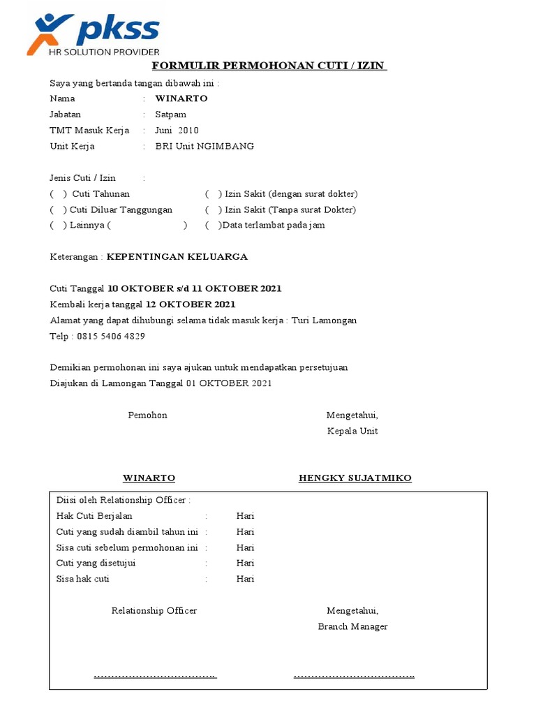 Formulir Permohonan Cuti Pdf