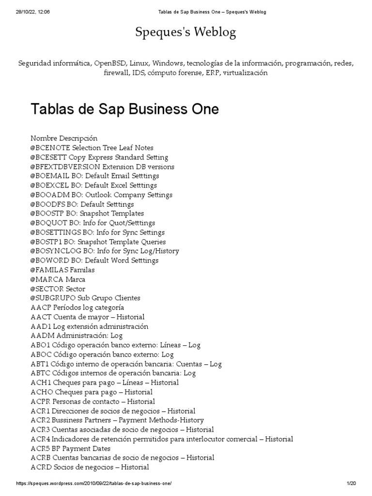 Tablas de Sap Business One Speques's log PDF Factura