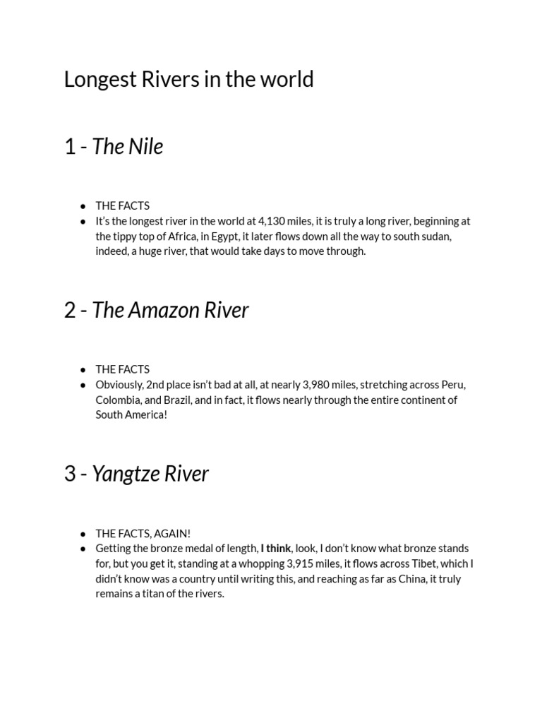 Top 5 Longest Rivers Worldwide | PDF