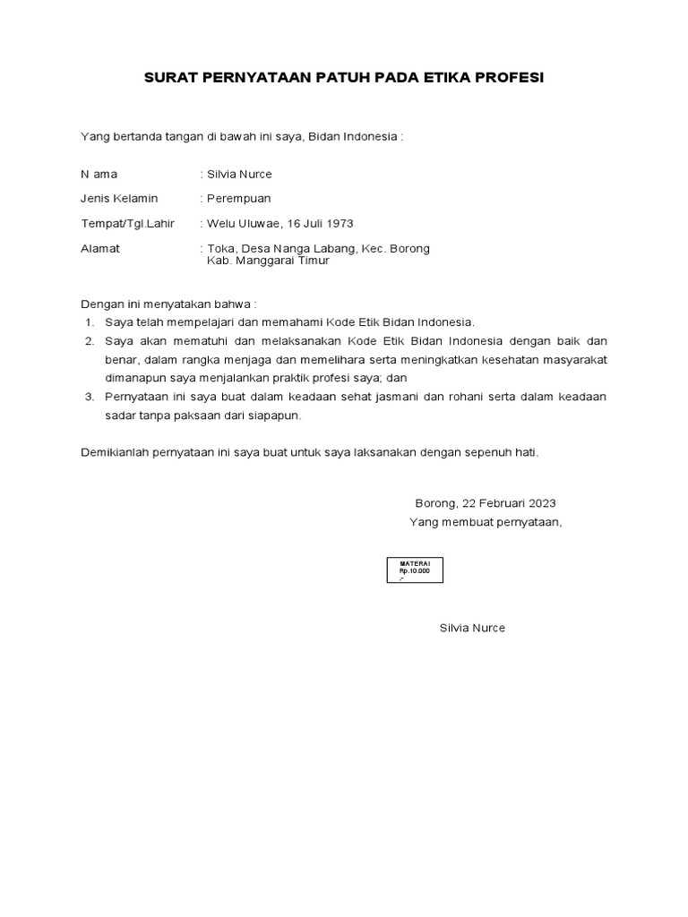 Surat Pernyataan Patuh Etika Profesi Bidan Pdf - vrogue.co