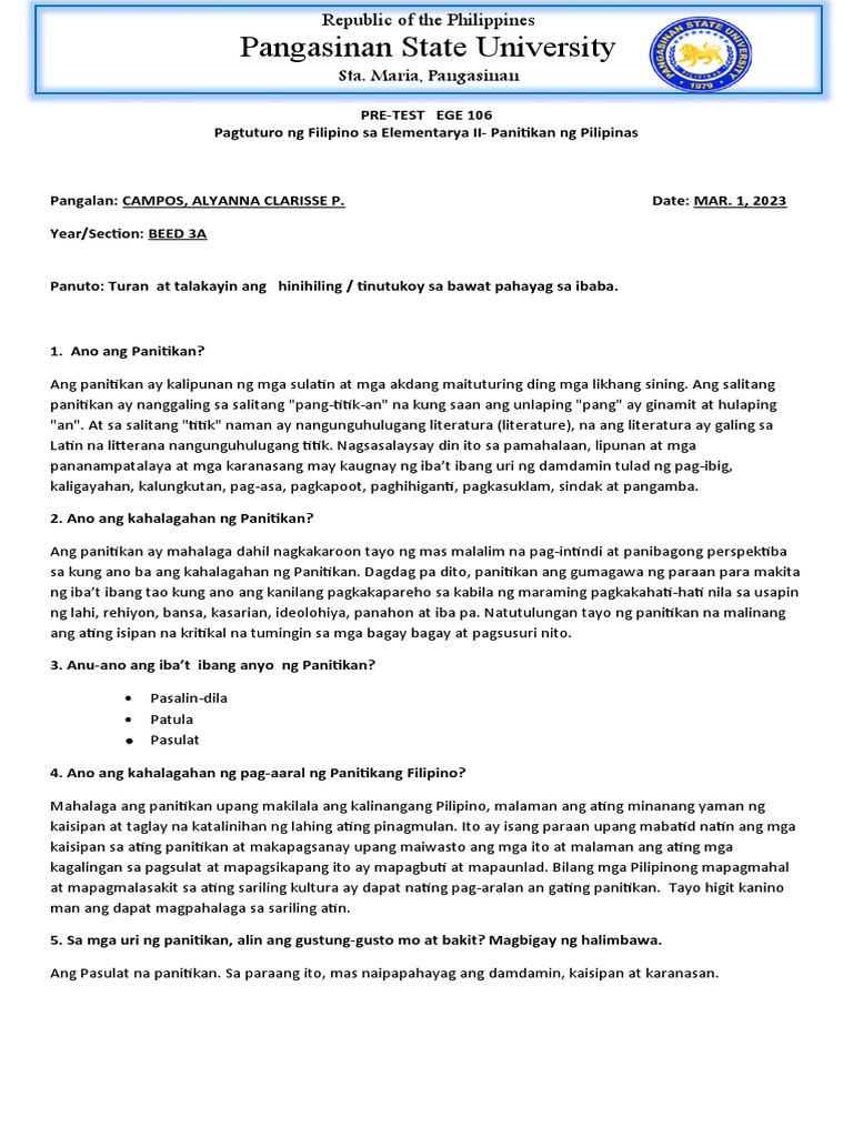 EGE 106 - Pre-Test - CamposAlyannaP | PDF