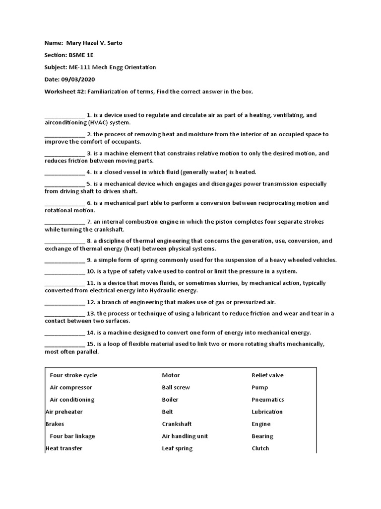 Worksheet 2 ME 111 Familiarization of Terms PDF Machines Engines
