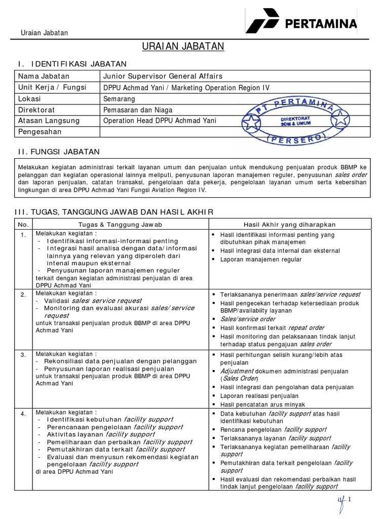 Uraian Jabatan Junior Supervisor GA | PDF