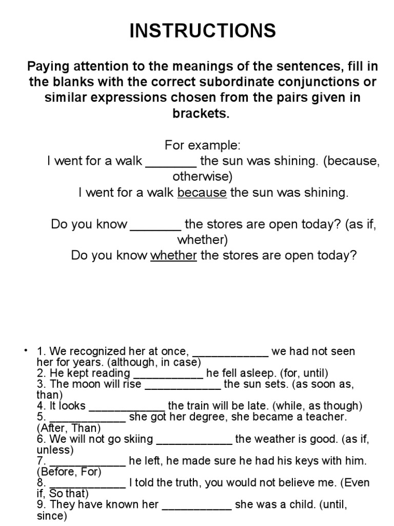 Advanced Conjunctions Practice Exercises | PDF | Language Arts ...