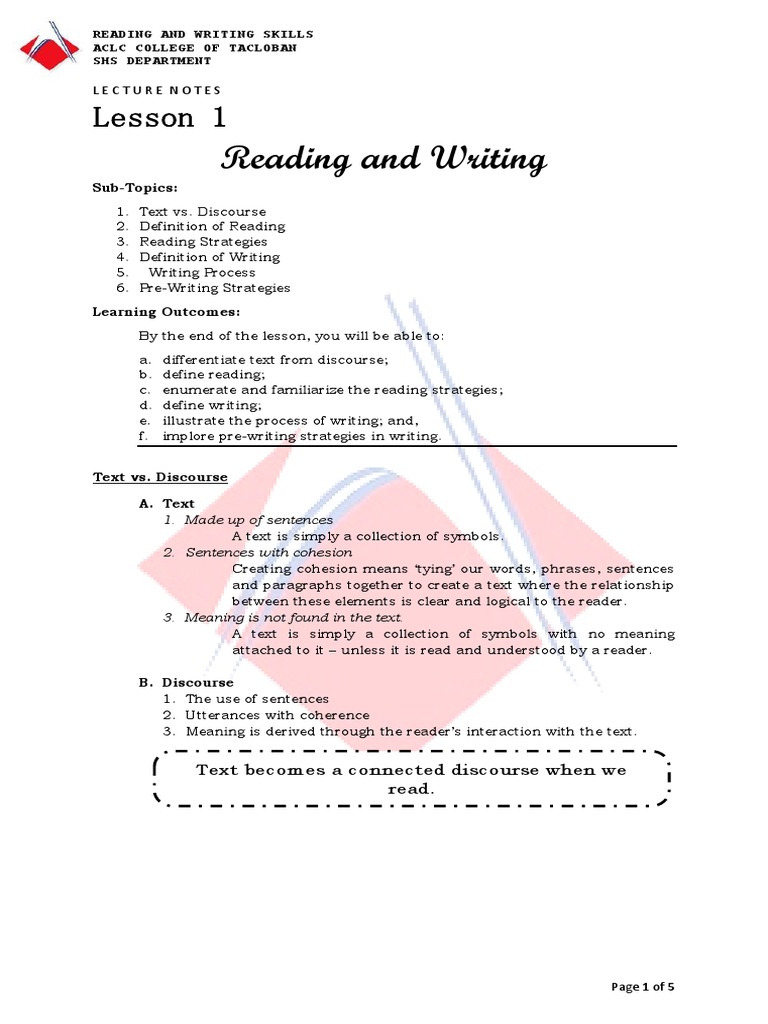 Lesson 1 Reading and Writing PDF PDF Speed Reading Thought
