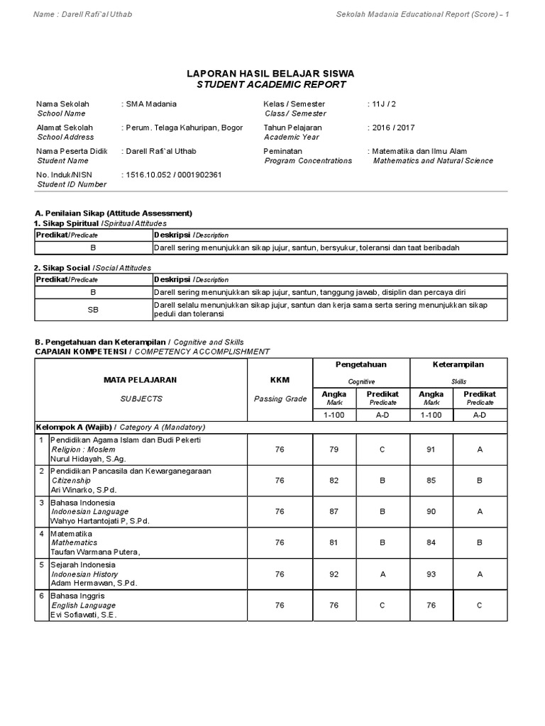 Laporan hasil belajar siswa student academic report predicate