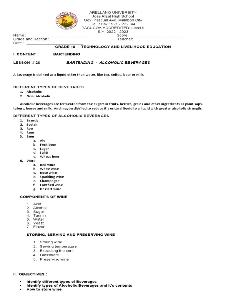 Grade 10 Lesson 26 Bartending Alcoholic Beverages Au JRHS MRS Pag