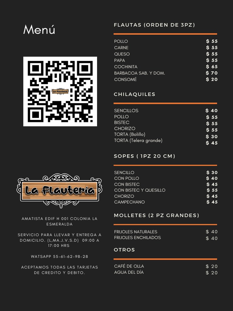 Menú de comida mexicana con opciones de flautas, chilaquiles, sopes