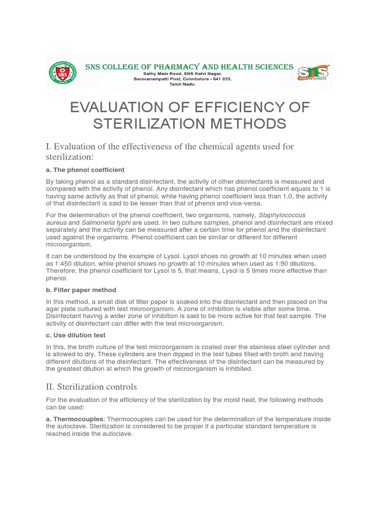 Evaluation of Efficiency of Sterilization Methods | PDF | Disinfectant ...