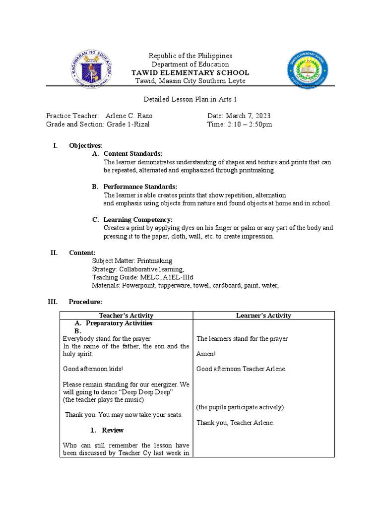 Printmaking Lesson Plan for Grade 1 | PDF | Printmaking | Teachers