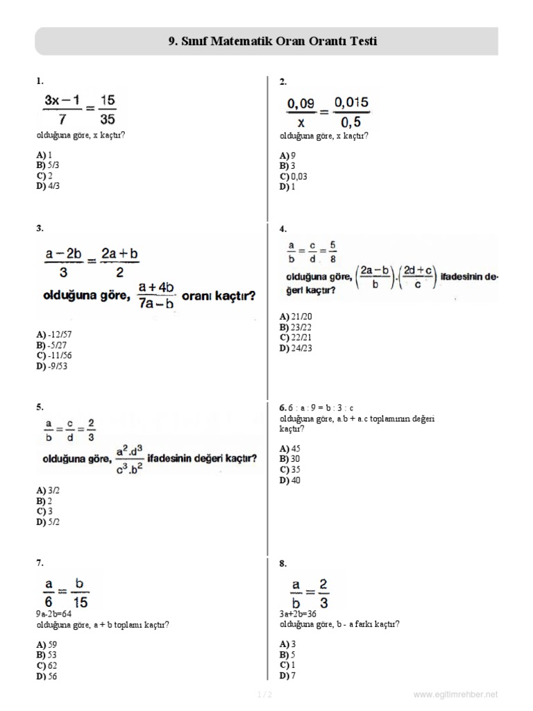 9 Sinif Matematik Oran Oranti Testi | PDF