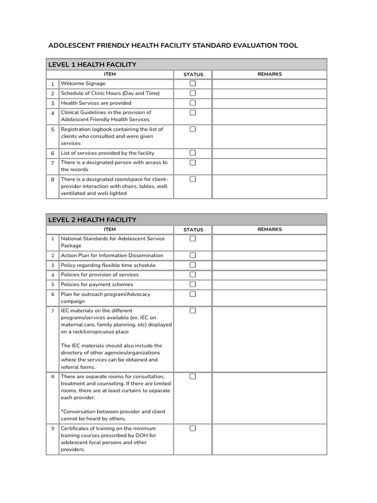 ADOLESCENT FRIENDLY HEALTH FACILITY STANDARD EVALUATION TOOL PDF