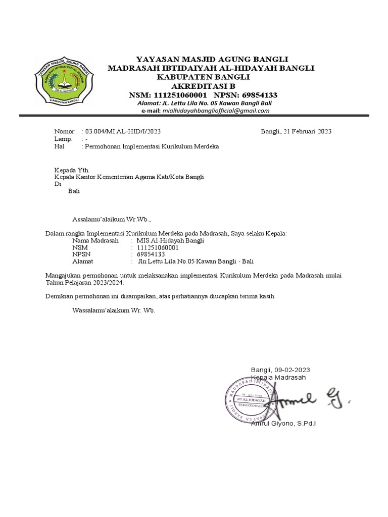 Permohonan Implementasi Kurikulum Merdeka Di Madrasah Ibtidaiyah Al
