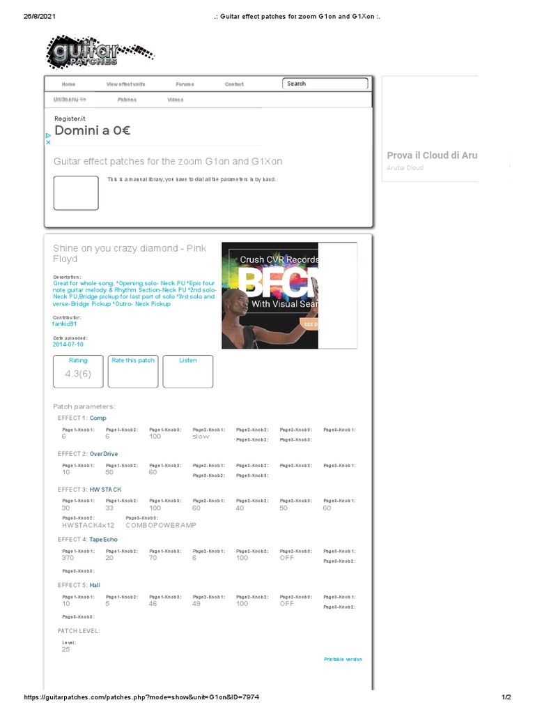 Guitar Effect Patches For Zoom G1on and G1Xon SHIN ON CRAZY PDF