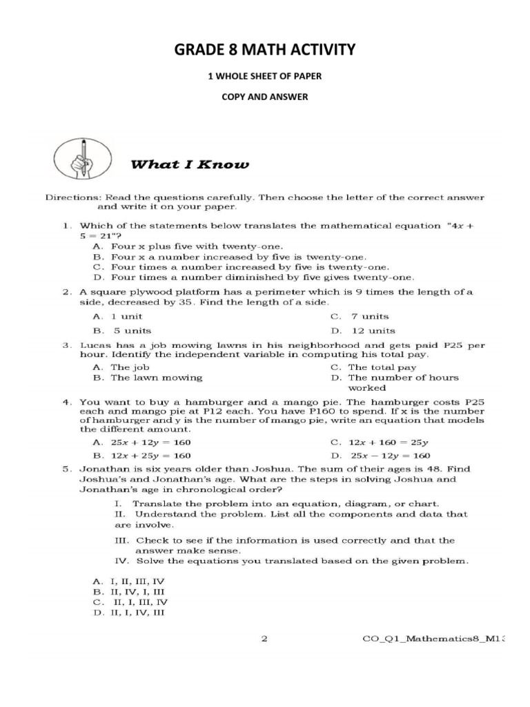 Grade 8 Math Activity | PDF