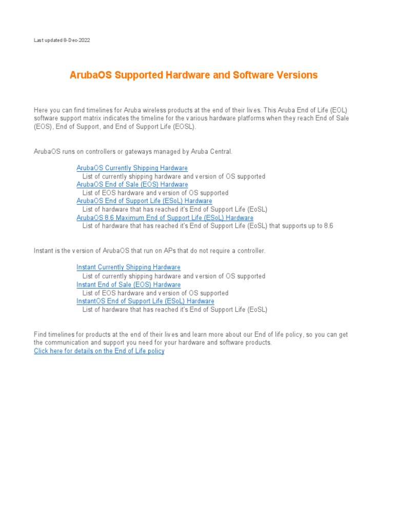 ArubaOS End of Life Compatibility Guide | PDF | Software | Systems ...