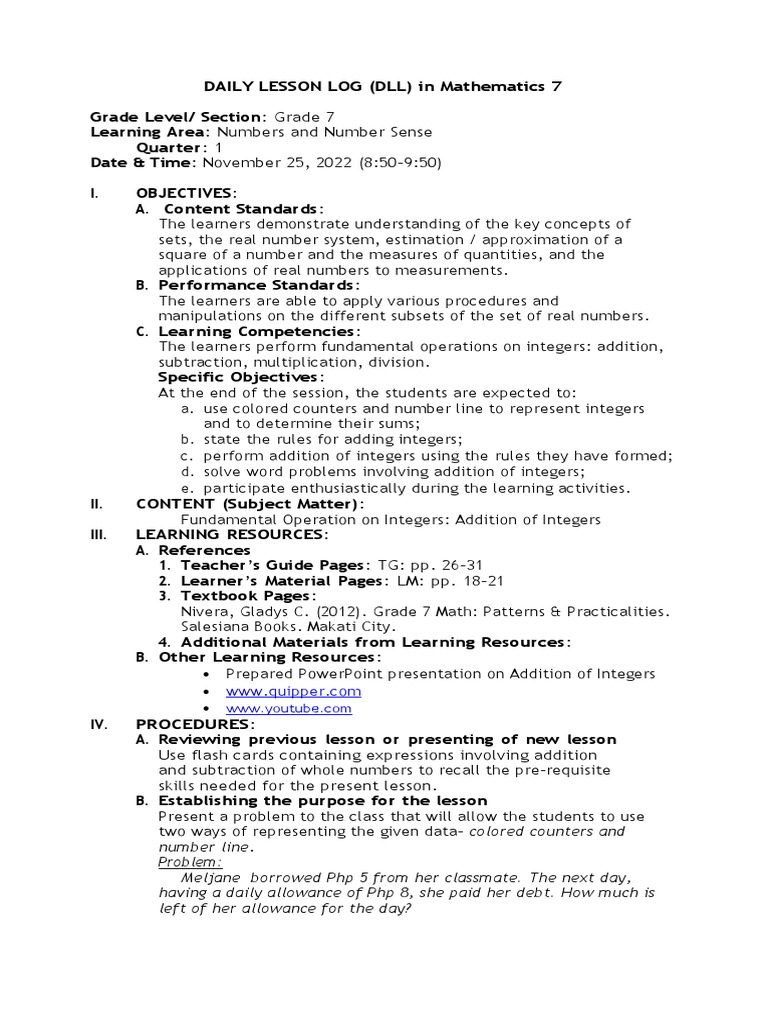 Addition of Integers Lesson Plan | PDF | Numbers | Learning