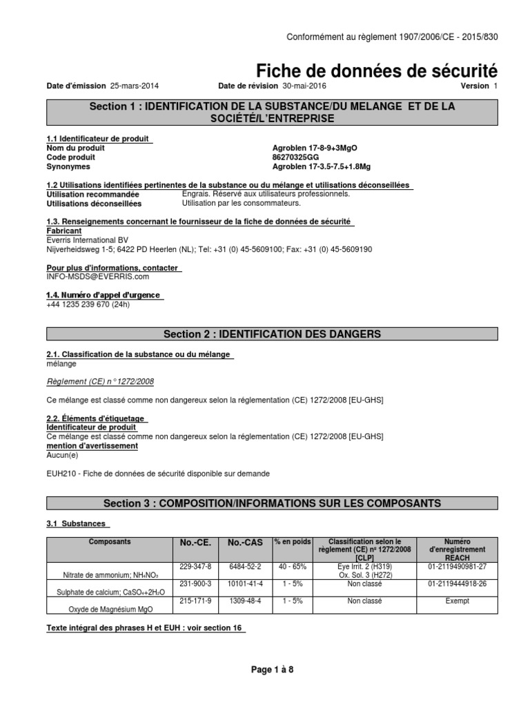 Fiche de sécurité Agroblen 17-8-9+3MgO | PDF | Lutte contre l'incendie ...