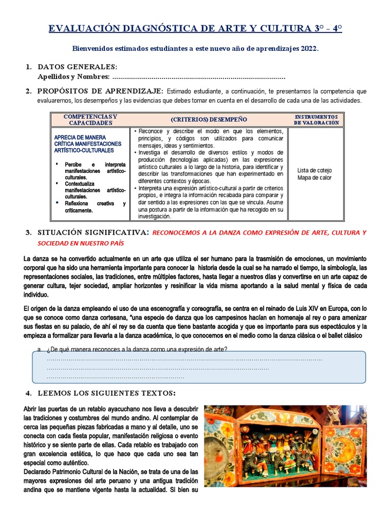 Evaluación Diagnóstica de Arte y Cultura 3ro y 4to | PDF | Bailes