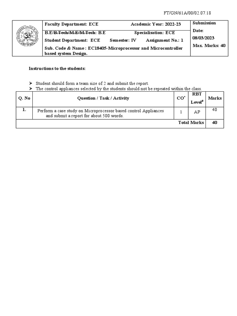 2023 EC18405 Assignment - 1 2022-23 | PDF | Technology & Engineering