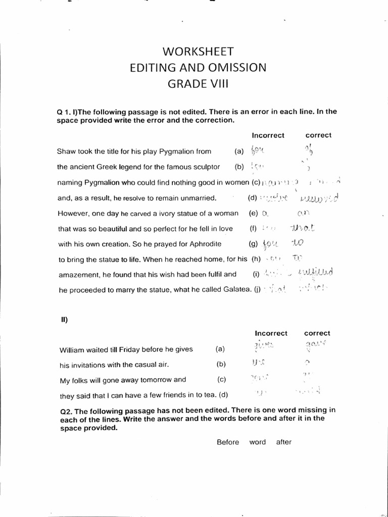 Class 8 English Worksheet Omission PDF