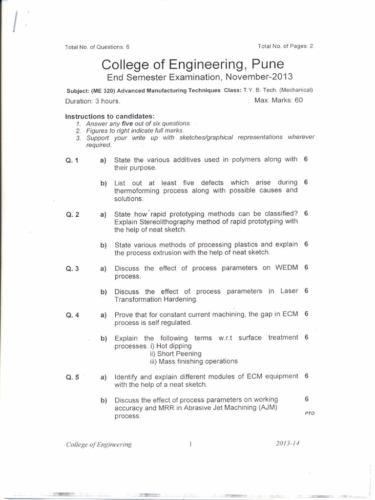 Advanced Manufacturing Techniques (ME320) PDF PDF