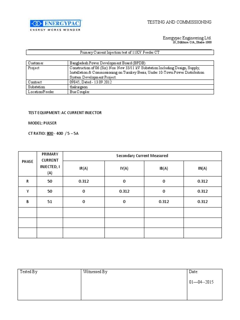 Primary Injection Test Procedure for CT | PDF