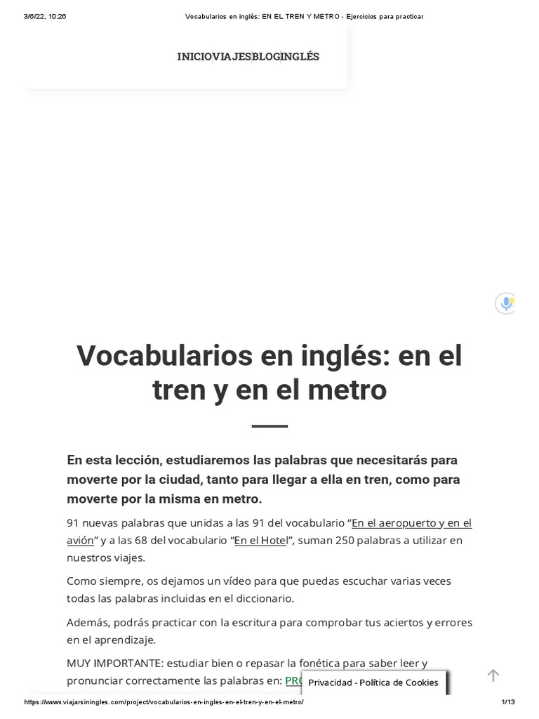 Vocabularios en Inglés EN EL TREN Y METRO Ejercicios para Practicar