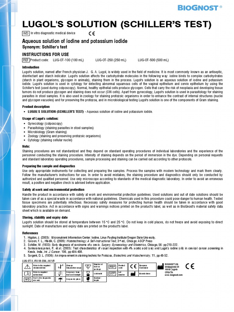 Lugol's Solution and Schiller's Test Guide | PDF | Staining | Laboratories