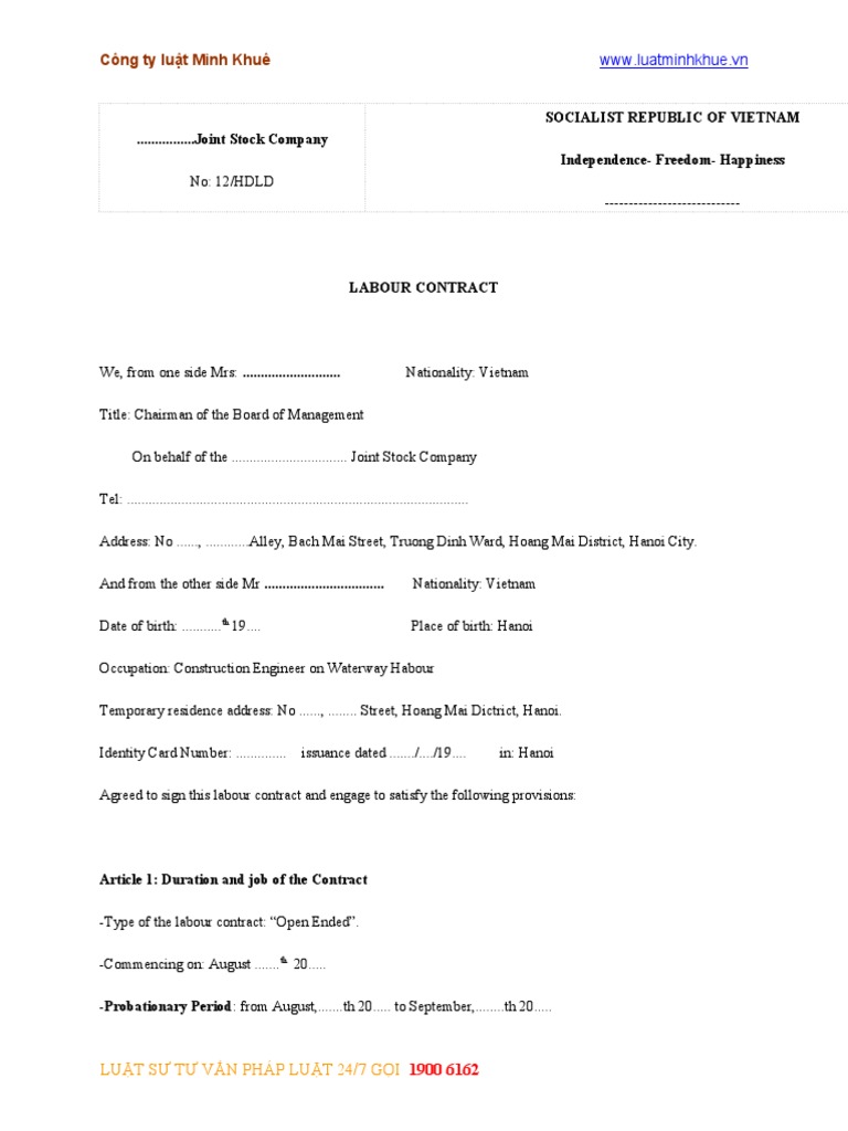 Labour Contract for Construction Engineer | PDF | Employment | Salary