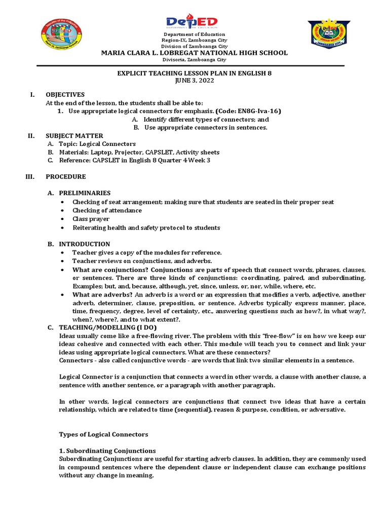Teaching Logical Connectors in English 8 | PDF | Adverb | Linguistic ...
