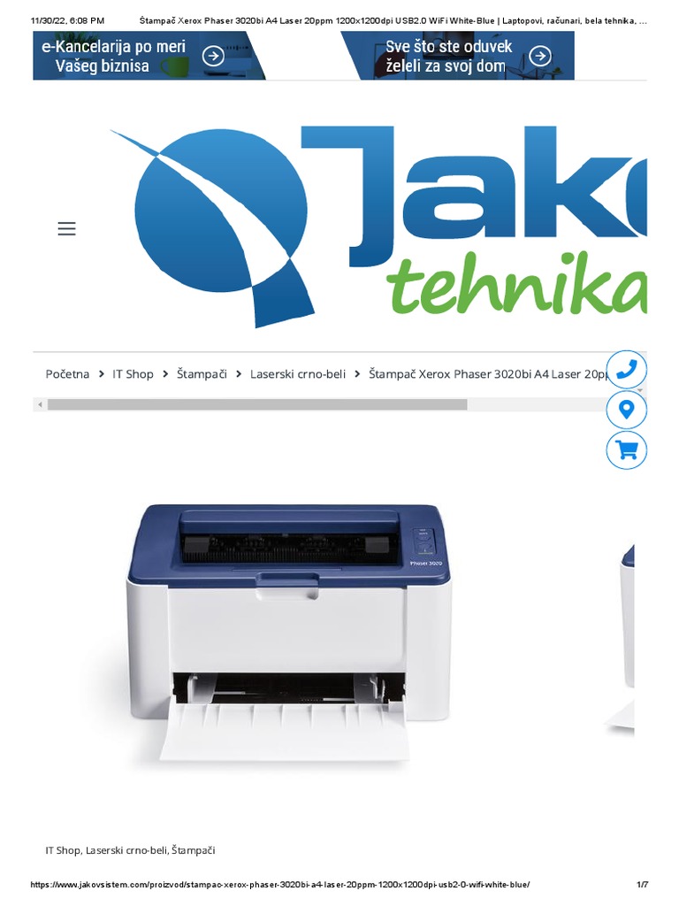 Štampač Xerox Phaser 3020bi A4 Laser 20ppm 1200x1200dpi USB2.0 WiFi ...