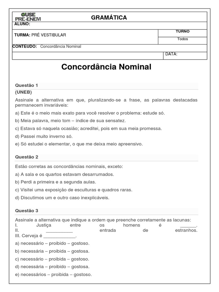 Exercícios de Concordância Nominal | PDF | Substantivo | Adjetivo