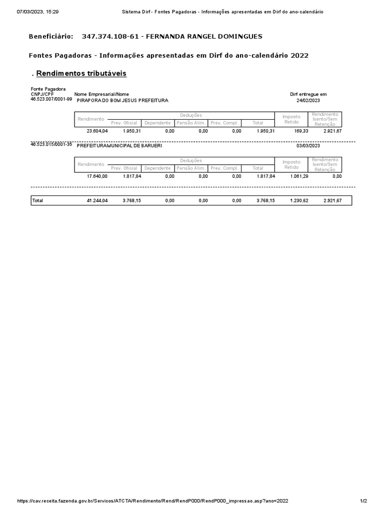 Informações da DIRF 2022 por Fontes Pagadoras | PDF | Imposto de Renda ...