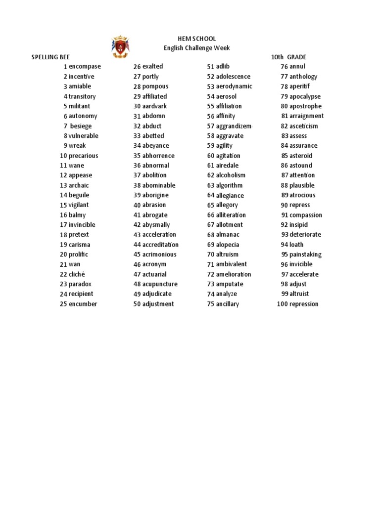 Spelling Bee 10th PDF