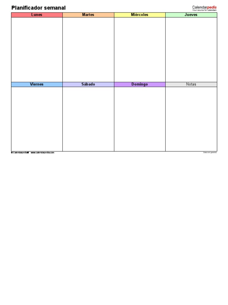 Planificador Semanal Horizontal 4 Columnas en Color | PDF